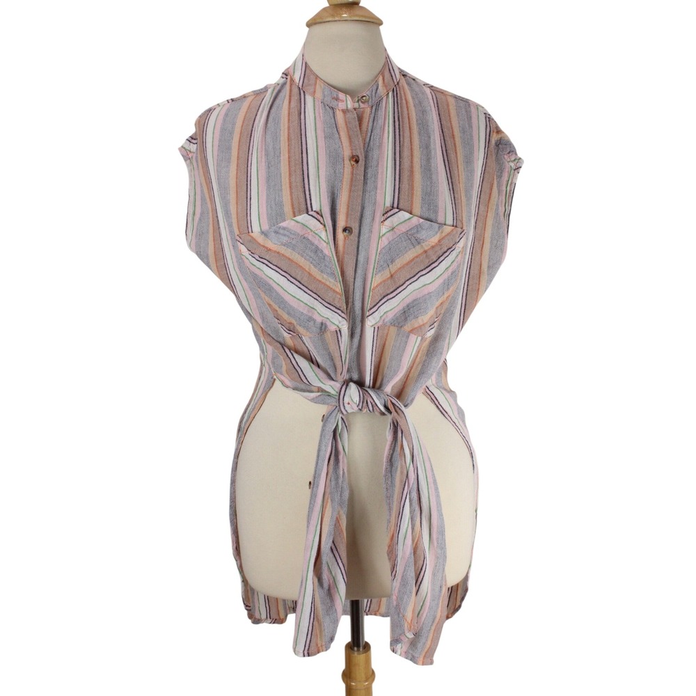 Holding Horses‎ Striped Button Up Tunic Top Sleeveless Shirt Pockets - Women's